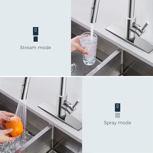 FORIOUS Chrome Kitchen Faucet with Pull Down Sprayer, High Arc Modern Classic Sink Faucet Stainless Steel with Deck Plate Fit for 1 or 3 Hole for Pot Filler Bar Farmhouse Laundry Rv by FORIOUS - Used condition - Image 3