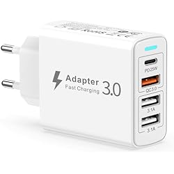 Cargador Rapido O Normal Cargador USB C Carga Rápida, 40W 4-Puerto Cargador USB Multiple Enchufe USB C PD&QC3.0 Cargador Tipo C Cargador Movil Rapido para iPhone 15/14/13/12/11/Pro Max/XS/XR/8,iPad,Samsung,Xiaomi