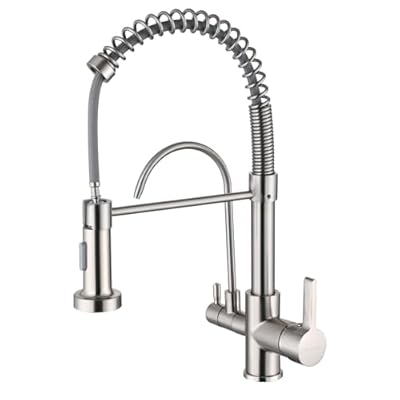 3-in-1 Brushed Nickel Kitchen Sink Faucet with Pull-Out Sprayer | Reverse Osmosis & Water Filter Compatible | Solid Brass Spring Drinking Water,Dual Handle RO Faucet for Sink (Brushed Nickel)