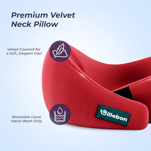 Image of Billebon Gel Infused Memory Foam Neck Pillow with Case, Travel Pillow with Adjustable Velcro Straps, Neck Pillow for Travelling & Flight Travel, Ergonomic Support for Comfort & Pain Relief (Red)