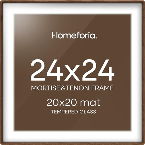 Homeforia 24x24 Frame Brown Wood Mortise & Tenon Walnut 24 x 24 Square Picture Frames with Mat 20 by 20 for Wall 24by24 Dark Wooden Frame Matted to 20x20 inch Art Tempered Glass Wall Kit Set of 1