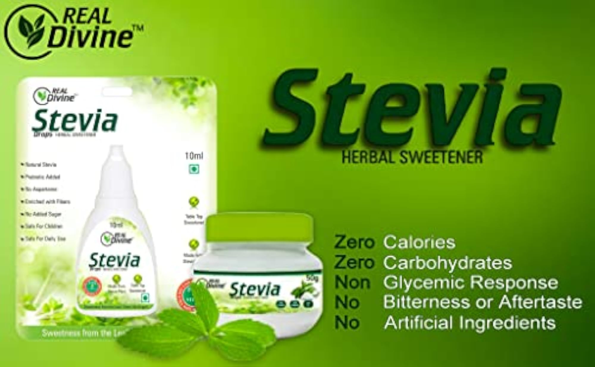Real Divine Stevia Liquid Drops, Zero Calorie Sweetener