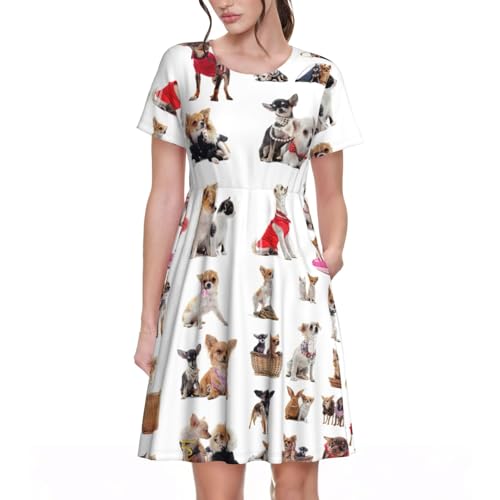 Robe carlin femme manches courtes : vêtement de vacances léger et motif chien pour l'été