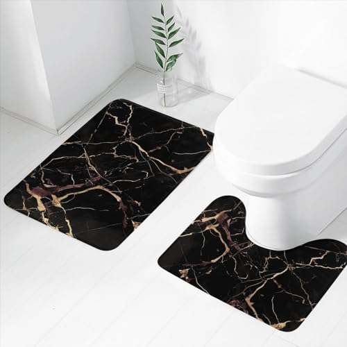 Tapis de bain marbre noir et or microfibres douces élégance - 4
