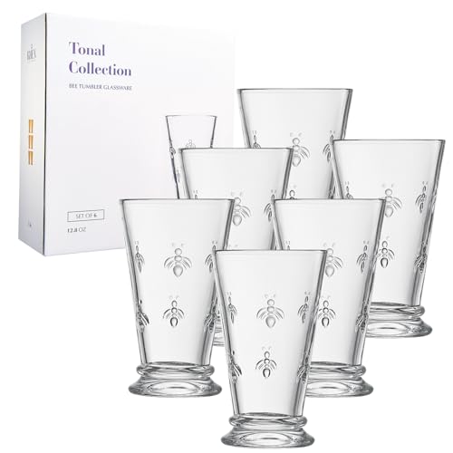 French Bee Highball Glasses | Set Of 6 | Clear Drinking Glass 13 OZ, Old Fashioned Glasses with Bees Embossed Design, Fine Crystal French Glassware, Drinking Glasses, Heavy Water & Juice Glasses Gift