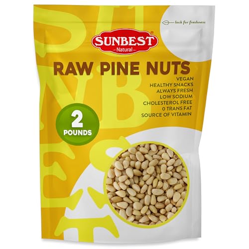 Sunbest Natural Raw Pine Nuts, 2lbs – Unsalted & Unroasted – Shelled Pignoli Nuts For Pesto, Baking...
