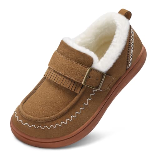 LeIsfIt Women's Moccasin Slippers Wide Toe Box Warm House Shoes Brown 9.5