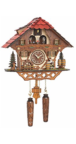 Quartz Cuckoo Clock Black Forest House with Moving Beer Drinker and Mill Wheel, with Music TU 4208 QMT HZZG