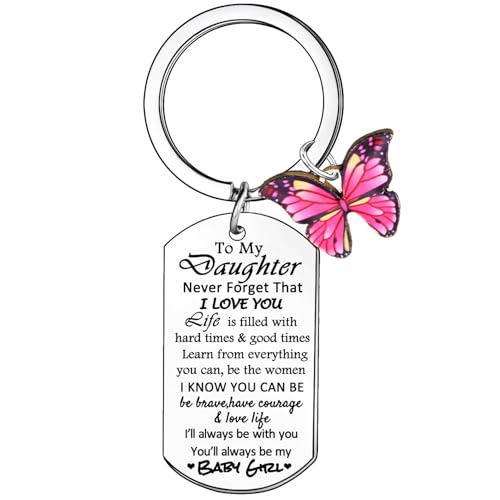 BESPMOSP Portachiavi con scritta in inglese "To My Daughter from Dad Mom Daughters Inspirational Gifts Gift Idea Regalo per figlie Adulti Dolce Figlia Regalo da mamma papà, Argento, Etichettalia unica