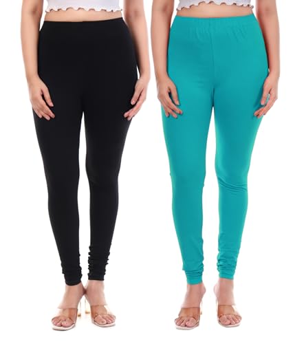 Image of TPF Women Solid Cotton Lycra 4 Way Stretchable Leggings | Combo Pack of 2 Comfortable Churidar-Length Slim Fit Leggings for Women & Girls