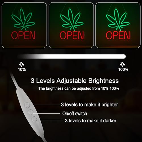 Image of Marijuana Open Neon Sign for Wall Decor Hemp LED with Dimmable Switch Sign Man Cave Art Bars Beer Cannabis High Life Neon Signs Light, Red+Green