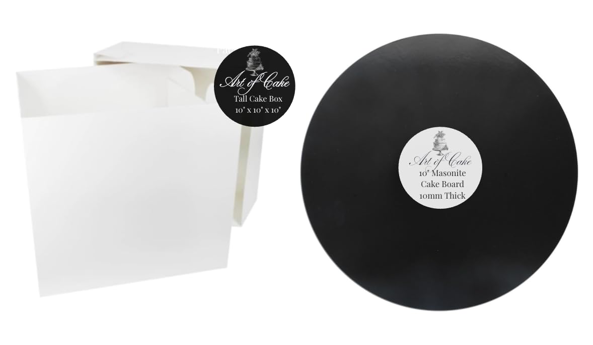 Art of cake® 10 inch Black Masonite Cake Board (10mm) and White Tall Cake Box (10"x10"x10")