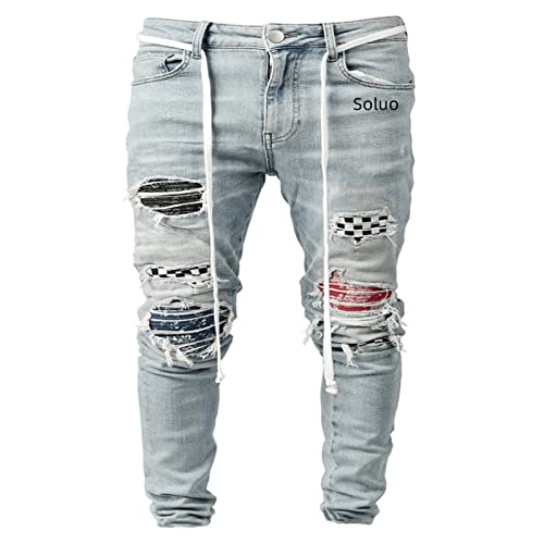 Men's Vintage Ripped Patch Jeans Printed Pattern Skinny Biker Denim Pants Hip Hop Skinny Check Patchwork Jean Trousers Light Blue