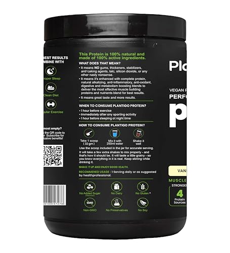 Image of Plantigo Protein Powder 24g Plant Based Protein, 3g BCAA, 2g Leucine, 3g Fiber, 4x Fast Digestion, 95% Bioavailability, 3x Anti Oxidants, Anti Inflammatory, Vitamins, Minerals - Vanilla Flavored 500g