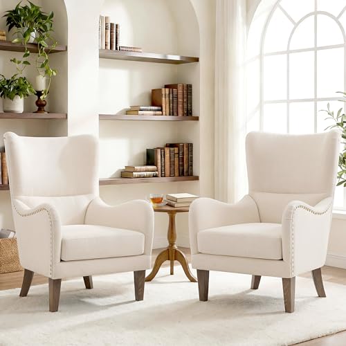 Modern Wingback Accent Chair Set Beige Linen Upholstery