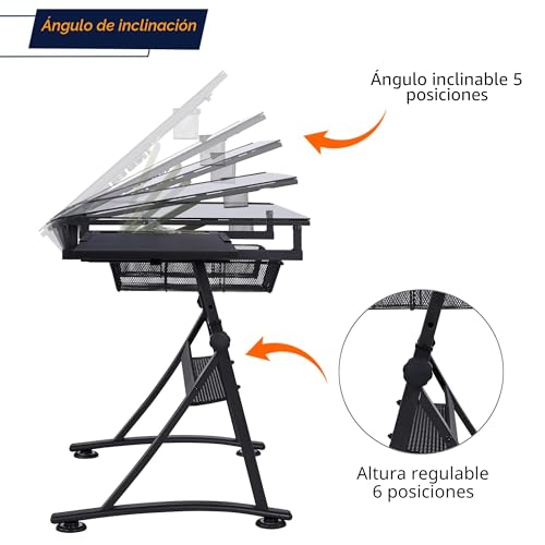 Miniatura 9 de Yaheetech Mesa De Dibujo Reclinable Con Taburete Mesa Inclinable Altura Ajustable Con Bandeja De Cristal Y 2 Cajones Para Casa, Oficina, Escuela 141 60 91 Cm