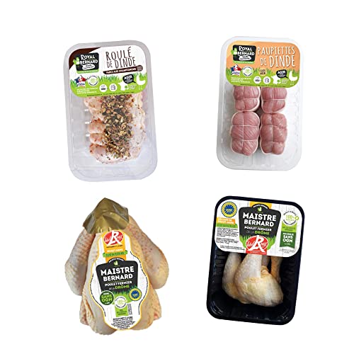 Royal Bernard - Assortiment Automnal - Colis de Viande de Volaille - 4 Barquettes de 4 Savoureux Produits - 1 Roulé de Dinde + 1 Poulet Entier + 4 Cuisses Poulet Label Rouge + 4 Paupiettes Cover