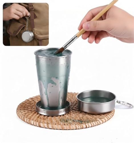 304 Stainless Steel Collapsible Paint Brush Washer- Portable Watercolor Water Cup with Keychain Solvent Safe Metal Foldable Painting Cup for Travel Plein Air Oil & Acrylic Art Supplies (2)