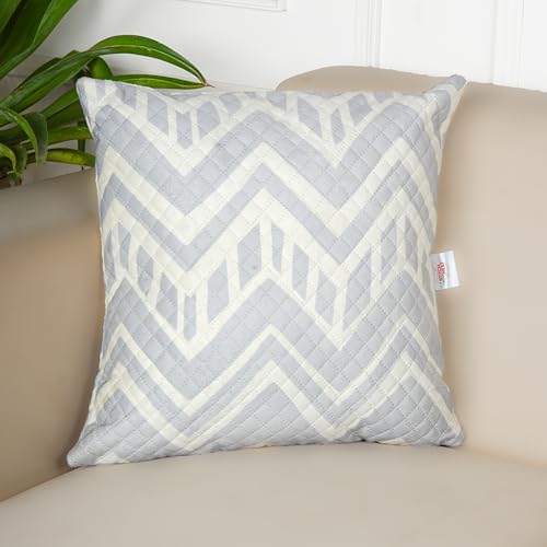 Image of STITCHNEST 'QuadraNest' Series Printed Quilted Velvet Cushion Cover 16x16 Inch Set of 5 | Premium Soft Fabric, Washable & Fade Resistant | Decorative Living Room Cushion Covers | Grey & Ivory Zigzag