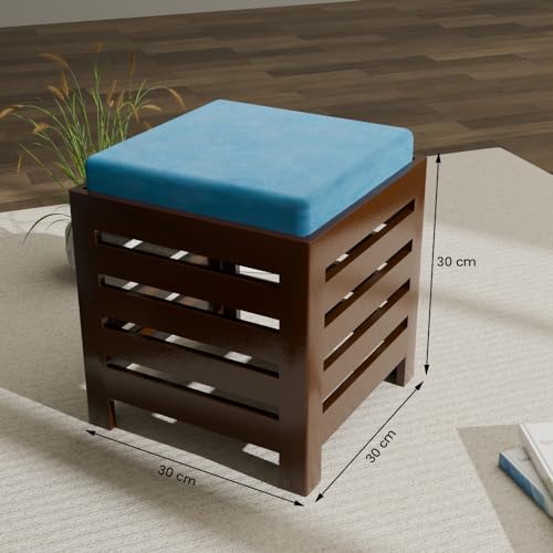 Image of ETIQUETTE ART Cushion Wooden Stool - Square Table For Office, Kitchen, Or Bedside With Black Cotton Cover