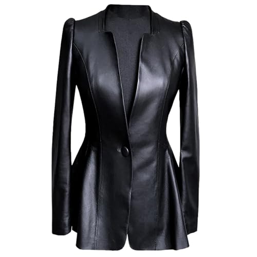 Women’s Slim Fit Soft Faux Leather Jacket Deep V Neck Long Puff Sleeve Elegant Skirted Blazer Outerwear Coat4