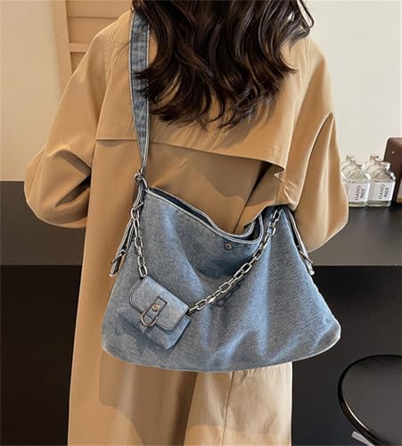Slouchy Denim Shoulder Bag for Women Large Commuting Canvas Crossbody Tote Purse Trendy Chain Handbags2