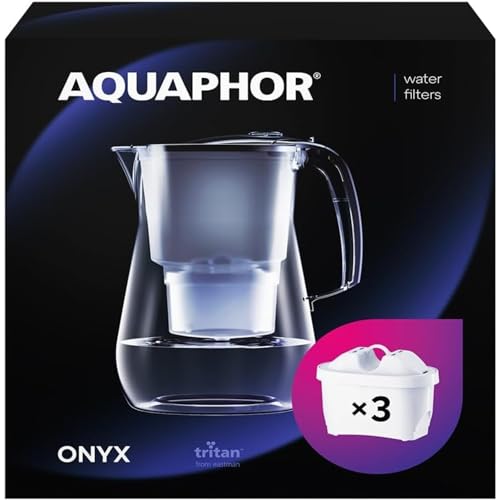 AQUAPHOR - AQUAPHOR Wasserfilter Onyx Weiß inkl. 3 MAXFOR+ Filter I 4,2L Wasserfilter in Glasoptik I Karaffe I Reduziert Kalk & Chlor I Perfekt für die Familie I Premium Qualität I Stylischer Behälter