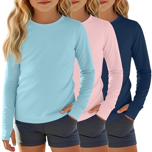 Image of 3 Pack Girls Rash Guard Swim Shirts 5-14Y UV Sun Protection Long Sleeve Thumb Hole Quick Dry T-Shirts UPF 50+ Tees