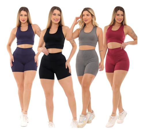Kit 4 Conjuntos Short Academia E Top Alça Larga Moda Fitness(Preto-cinza-azul marinho-vinho-P)