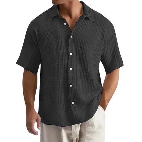 Mens Summer Textured Shirts Casual Button Down Lapel Short Sleeve Tops Fashion Vacation Holiday Beach Boho Streetwear2