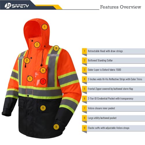 Image of JKSafety Hi Vis Rain Jacket for Men Women Class 3 Rain Gear OBlack 3XL | Hi Vis Waterproof 150D Oxford Rain Suit Breathable Mesh Lining 7 Reflective Strips for Outdoor Work in low-light environment