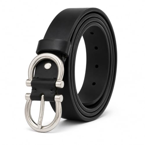 FANTASTIX® Women Black Belt with Silver Horseshoe Buckle Classic Stylish Leatherette Waist Belt for Jeans Dres