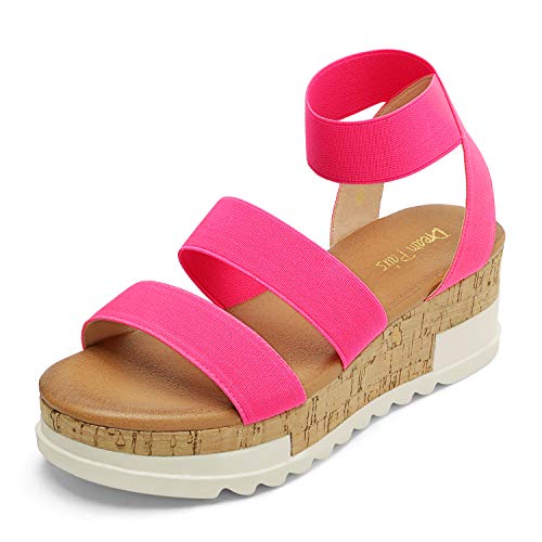 DREAM PAIRS Women's Open Toe Elastic Ankle Strap Casual Flatform Platform Wedges Sandals 5.5 Neon/Pink
