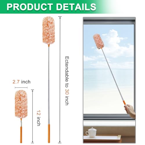 Image of 2 Pack Extendable Microfiber Feather Duster, Electrostatic Microfiber Head, Up to 30 Inch Extension Pole, Car Duster, Telescoping Feather Dusters for Cleaning
