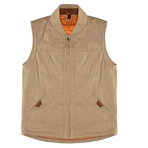Men's Quilted Lined Vest Washed Canvas Winter Warm Outdoor Hunting Work Utility Travel Vest Jacket Khaki Large #TOP1