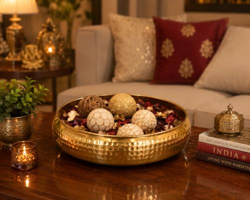 Image of Hammered Iron Metal Decorative Bowl with Golden Finish, 12 Inch Large Urli Bowl for Home Decor, Floating Flowers & Tea Light Candles, Center Table Diwal Decor & Festive Gifting