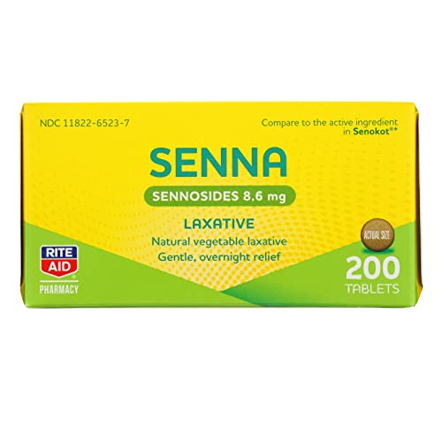 Rite Aid Vegetable Laxative Senna Tablets, 8.6 mg - 200 Count | Natural Laxative | Constipation Relief | Stool Softener | Vegetable Glycerin | Stool Softener with Laxative | Senna Leaves Organic