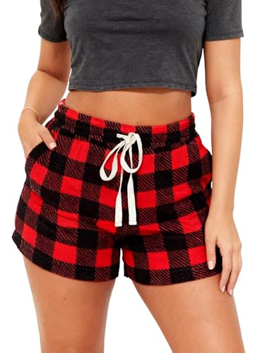 Acrawnni Damen-Plüsch-Pyjama-Shorts, kariert, leger, elastischer Taillenbund mit Kordelzug, Mini-Lounge-Shorts, Weihnachten, niedlicher Schlafanzug, Boxershorts mit Taschen, rot (a), L