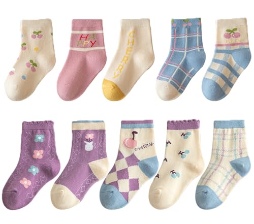 kiobrvhe Children Cotton Crew Socks for Girl Kids 10-Pairs Pack Cute Cartoon Plaid Animal Comfortable Warm Socks (Style E,9-12T,US,Age,9 Years,12 Years)