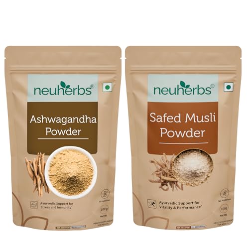 Neuherbs Organic Safed Musli + Ashwagandha Powder (200g) | Herbal Combo For Strength & Stamina Booster, Support for Stress, Mental Calmness & Anxiety Issues