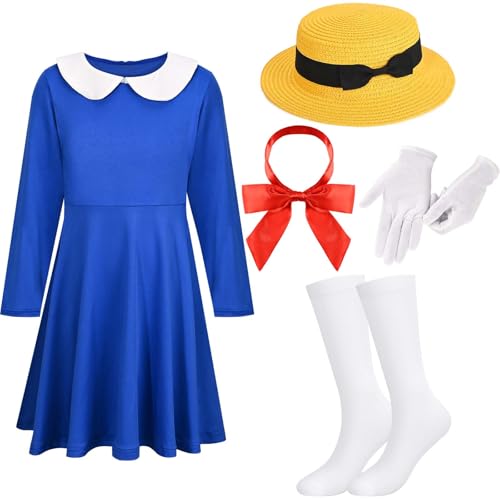 JcHrmers French School Girl Costume Set Including Blue Long Sleeve Dress Straw Hat Red Scarf High Socks Gloves for Halloween Cosplay Supplies