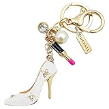 MONNEL Women's Zinc Alloy Metal 3D Crystal Lady High-heel Shoe with Lipstick Charm Lobster Clasp Key Ring Keychain ZM47 (White)