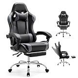 DUMOS Ergonomic Gaming Office Desk Chair with Footrest and Headrest for Adults, PU Leather Video Computer Chair with Linkage Armrests, Height Adjustable 360° Swivel Recling Chair, Black Grey