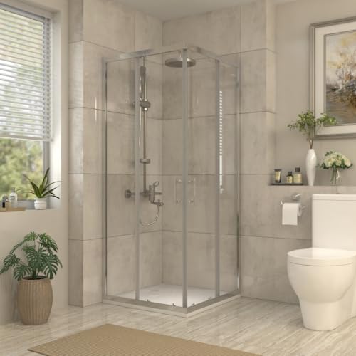 Aquariss 900x900mm Chrome Framed Sliding Doors Corner Entry Square Shower Enclosure 6mm Tempered Glass Screen Shower Cubicle