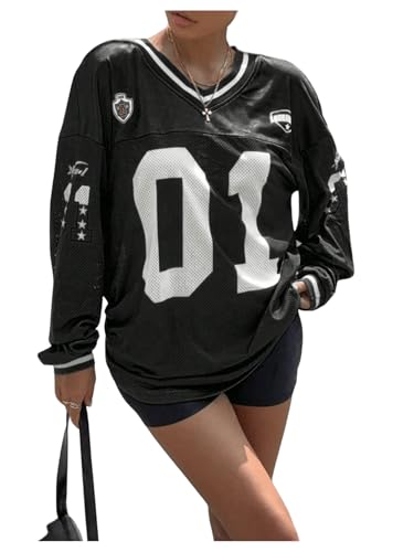 Milumia Women's Mesh Oversized Long Sleeve Jersey Shirt Y2k Number Graphic Tees Blokette T Shirt Top Streetwear
