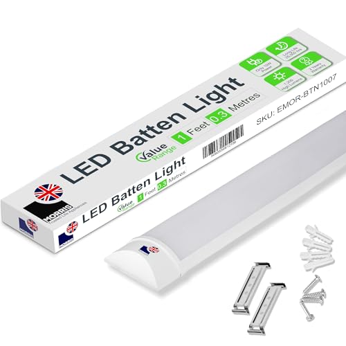Morris LED Batten Light 1ft - 10W 1200LM, IP20 Rated, 6500K Daylight White, Single Energy-Efficient Light for Shelving, Utility Rooms, Workshops - Value Range