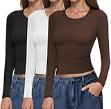Ekouaer Langarmshirt Damen Set Longsleeve Unterwäsche Basic T-Shirt Slim Fit Thermo Oberteil Schwarz+Weiß+Braun S