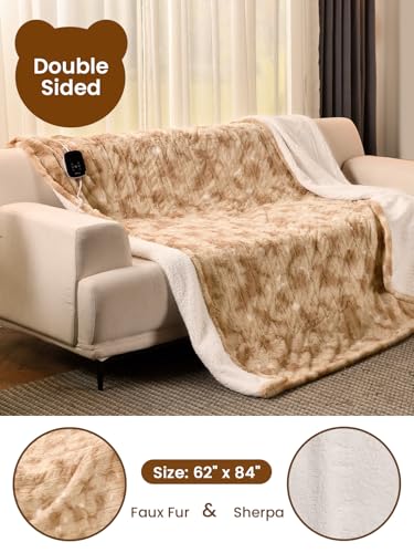 Image of Bearhug Electric Blanket Twin Size, 90F-108F Fast Heating Throw with 10 Heat Levels & 1-12H Auto Shut-Off, Machine Washable Soft Velvet and Sherpa Heated Blanket for Bed or Couch, Champagne