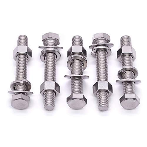 Image of (6 Sets) 3 /8-16 x 2-1 /4 inch Hex Bolt and Nut Kit, 304 Stainless Steel (18-8), Fully Threaded, Flat & Lock Washers Included