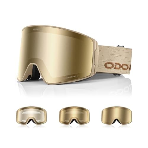 Odoland Skibrille Selbsttönend für Sonnige und Bewölkte Tage, Anti-Nebel Snowboard Brille für Herren Damen, UV-Schutz Ski Goggles, Schneebrille Photochrom Golden